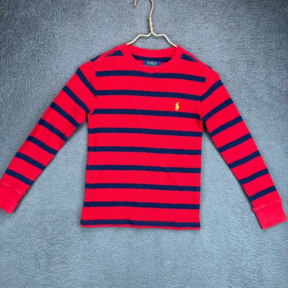 Polo Ralph Lauren Kids Red Striped Waffle Knit Thermal Long Sleeve Shirt S 8